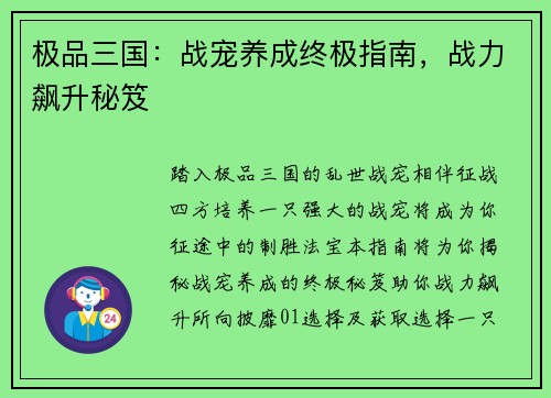 极品三国：战宠养成终极指南，战力飙升秘笈
