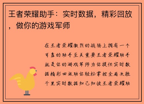 王者荣耀助手：实时数据，精彩回放，做你的游戏军师
